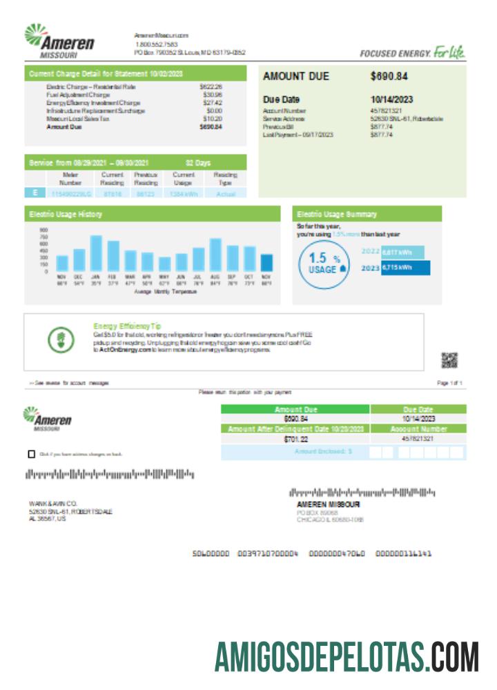 Projeto de lei de serviços públicos de eletricidade de Ameren Missouri, página 1, SCR exemplo real